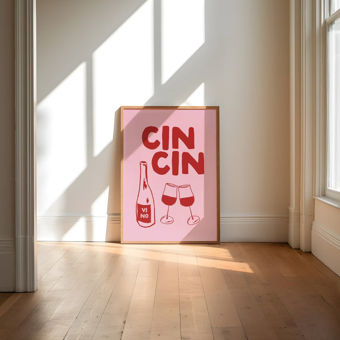 Cin Cin wine print in pink and red for bar cart decor