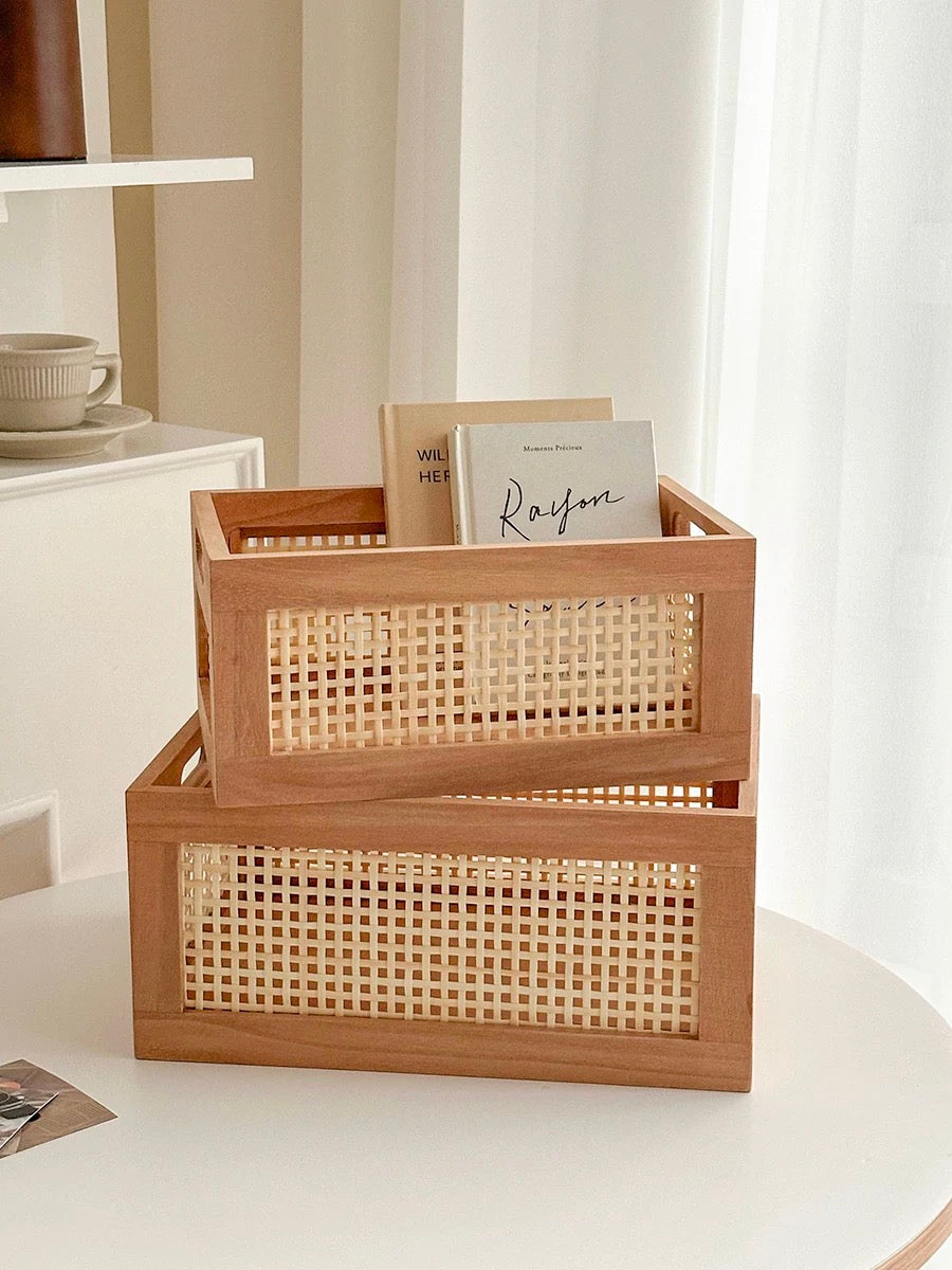 Retro Wood Storage Box – Hand-Woven Bamboo Wicker Organizer for Home