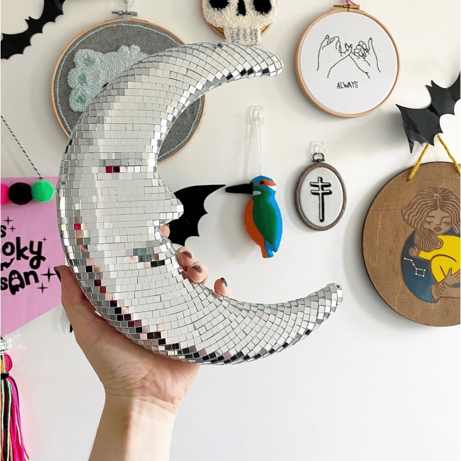 Pastel aesthetic moon-shaped mirror hanging