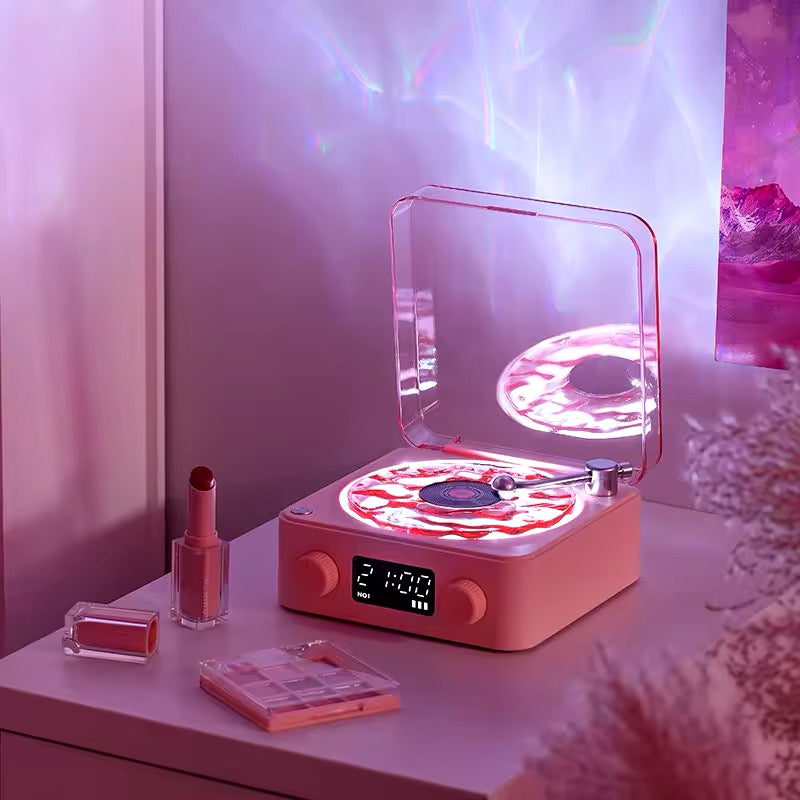 Vintage-inspired record-style Bluetooth speaker with ambient night light for bedroom decor.