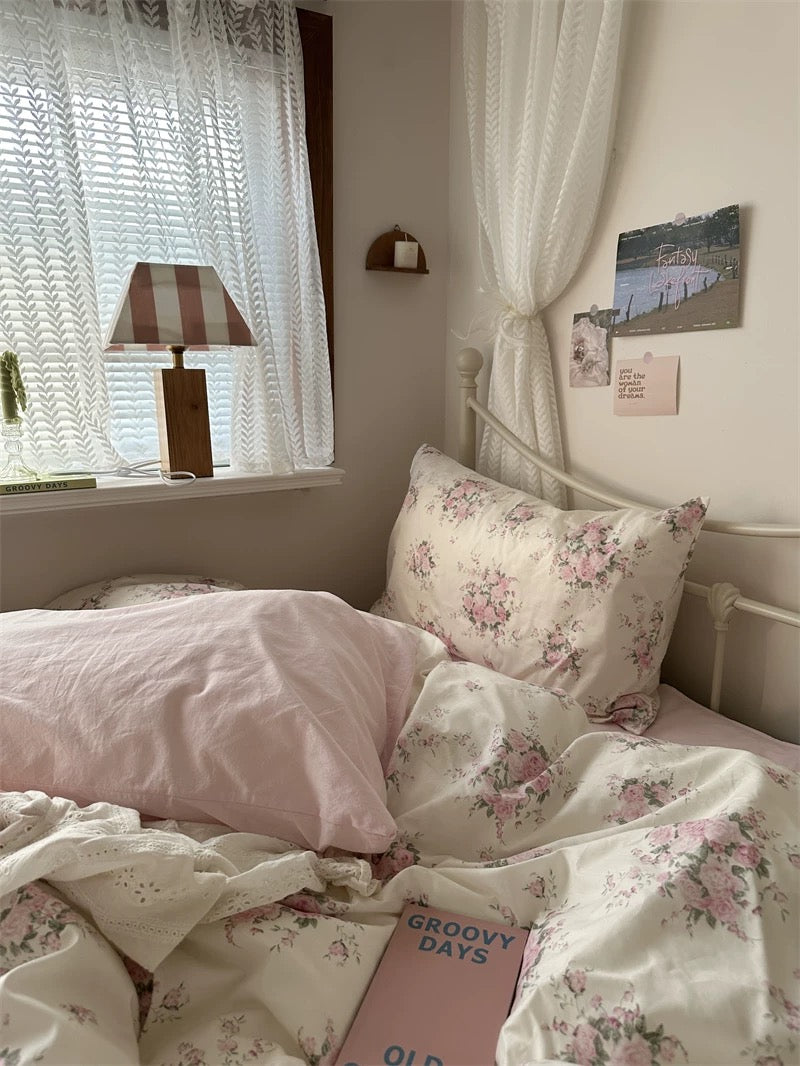 Cottagecore bedding featuring delicate pink botanical flowers adding warmth elegance softness and classic home decorating inspiration beautifully.