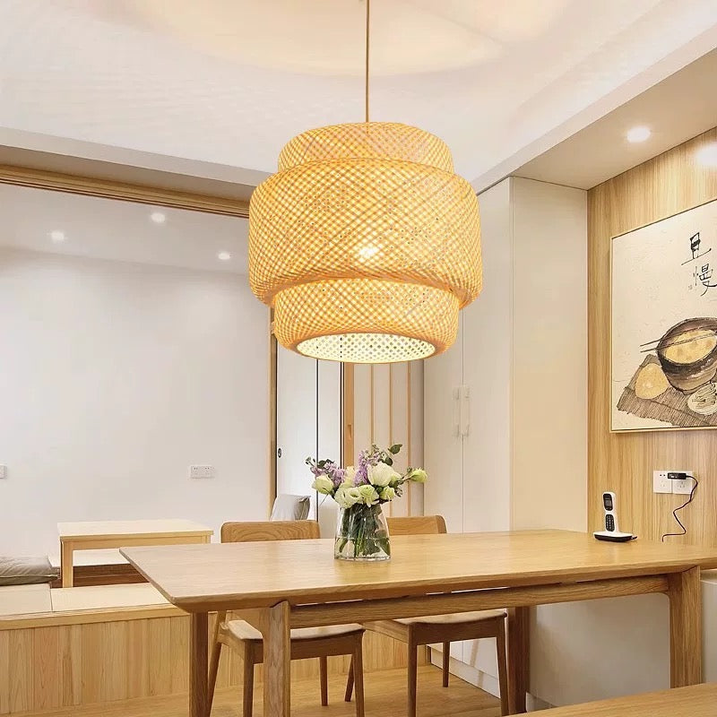 Japandi bamboo woven chandelier over wooden ceiling bedroom.