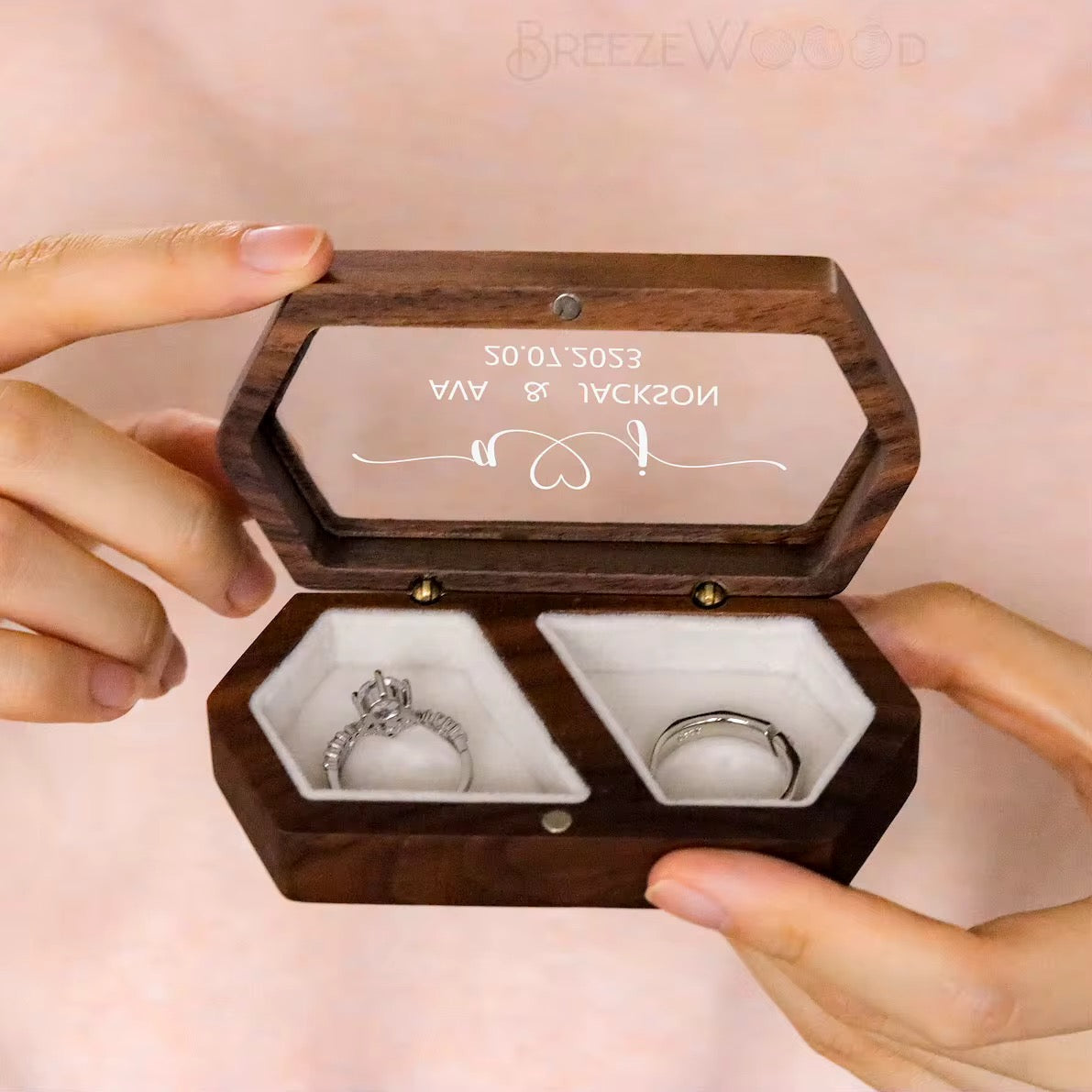 Small personalized wooden ring box for brides