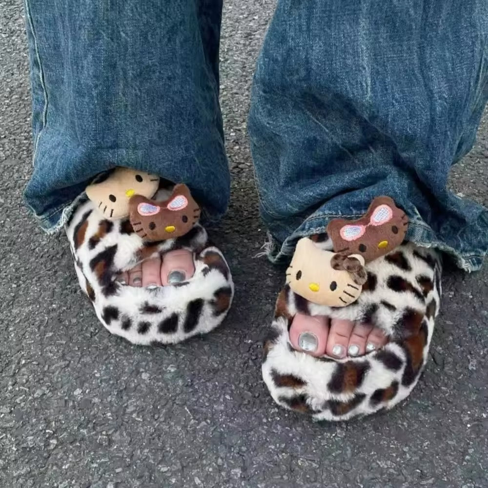 Hello Kitty leopard plush slippers with thick soles