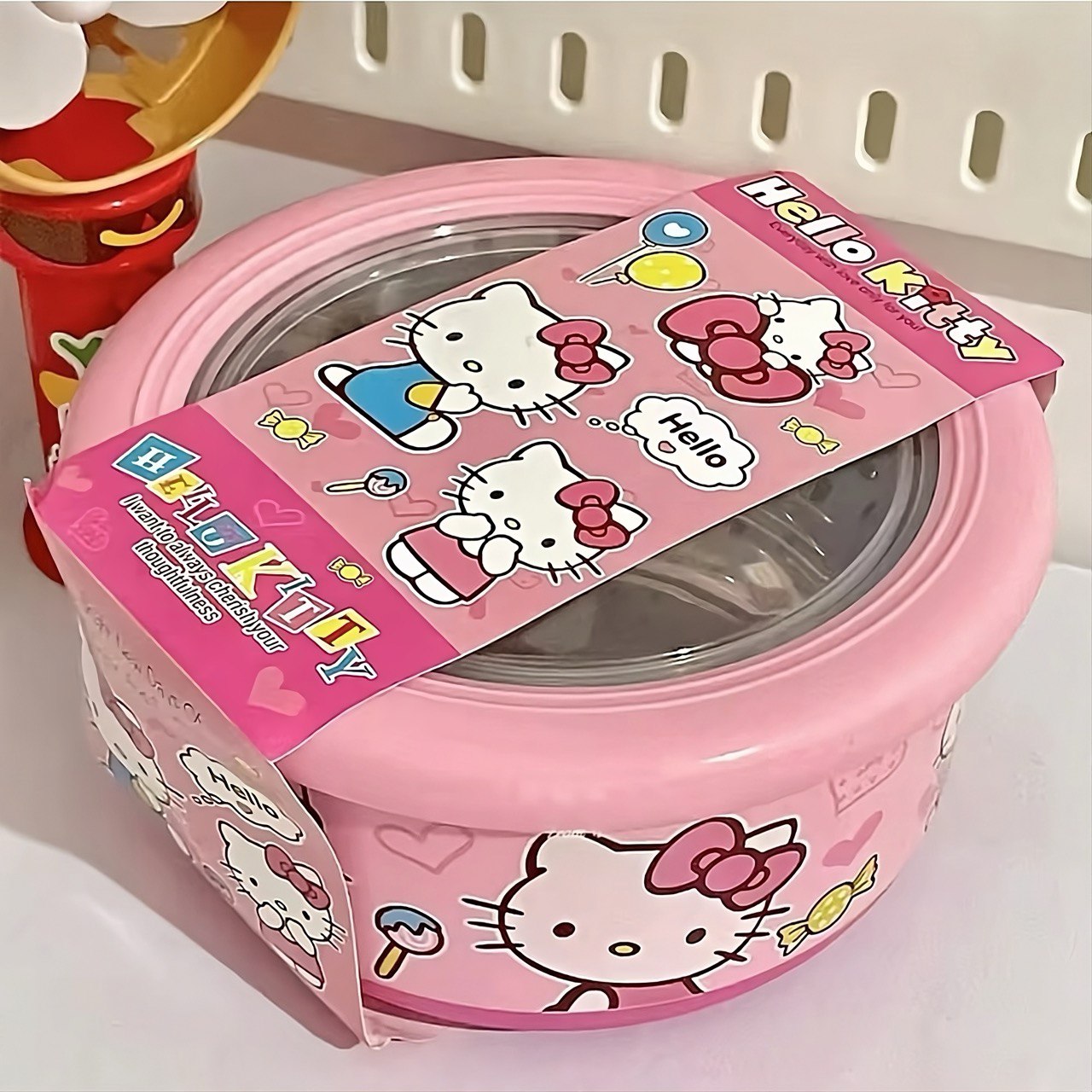 Stainless steel pink soup bowl featuring Hello Kitty motif