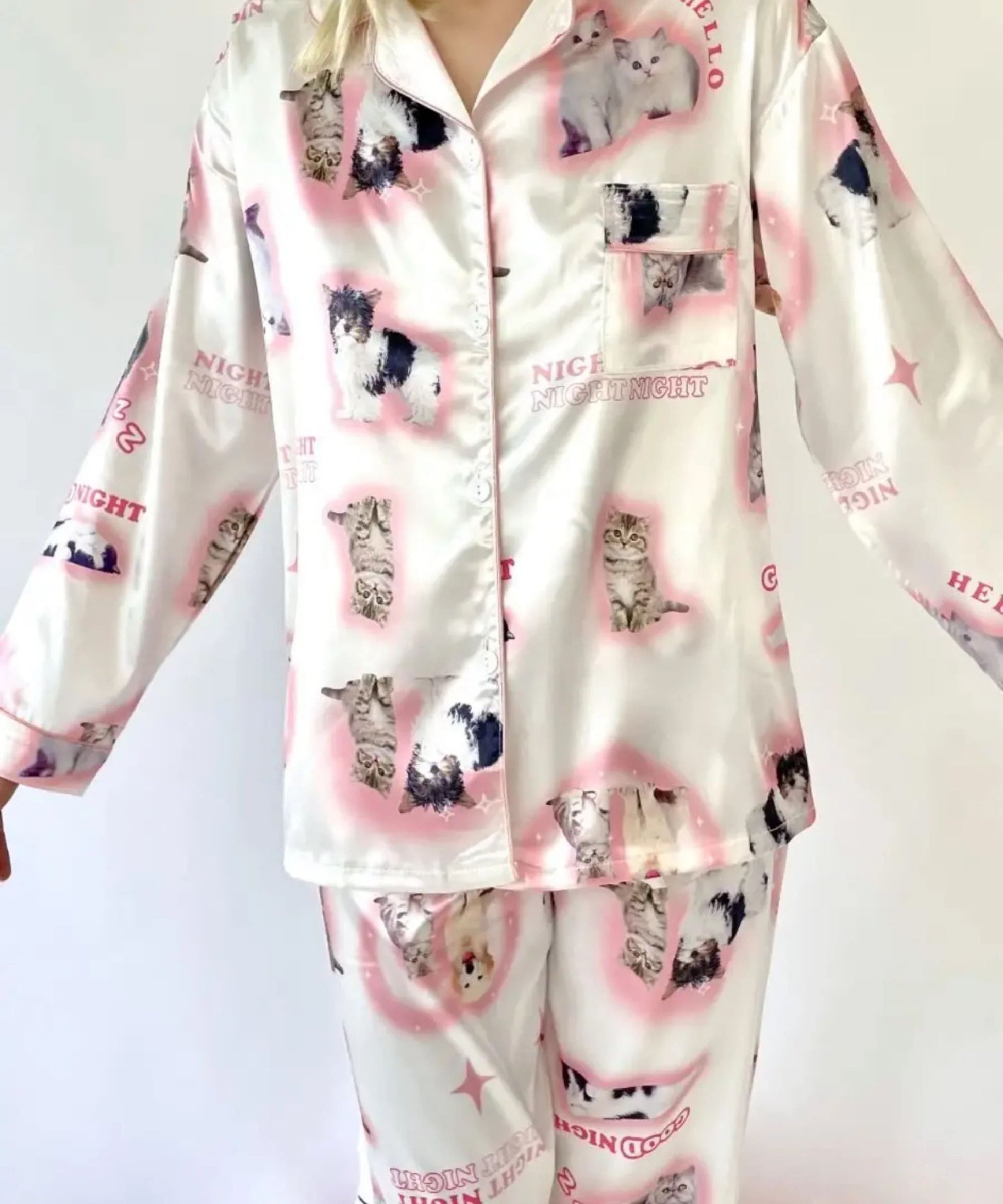 Kawaii aesthetic satin pajama set with kitty prints for bedtime