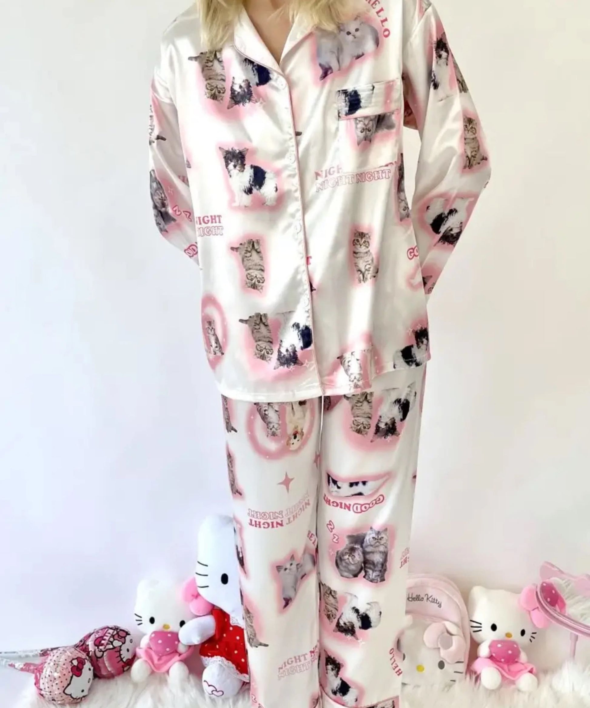 Adorable satin pajama set with kitty design, perfect gift for cat lovers