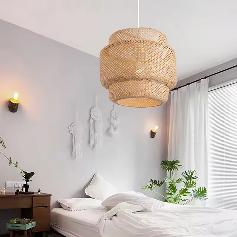 Rustic bamboo ceiling pendant light with soft warm ambience.