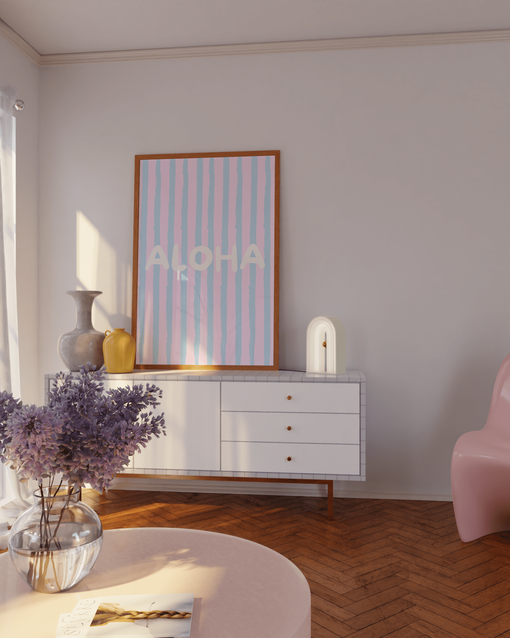 Minimalist beach chair and umbrella sketch art in blue, adds summer vibe to any space