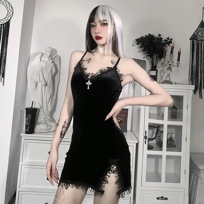 Sexy black gothic dress with V-neck and spaghetti straps. Perfect for witch, vampire, or ghost cosplay and Halloween parties.