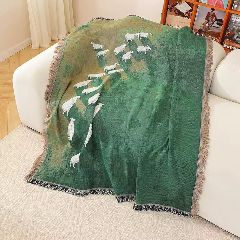 Grassland Sheep Woven Blanket - Cottagecore Farmhouse Tapestry