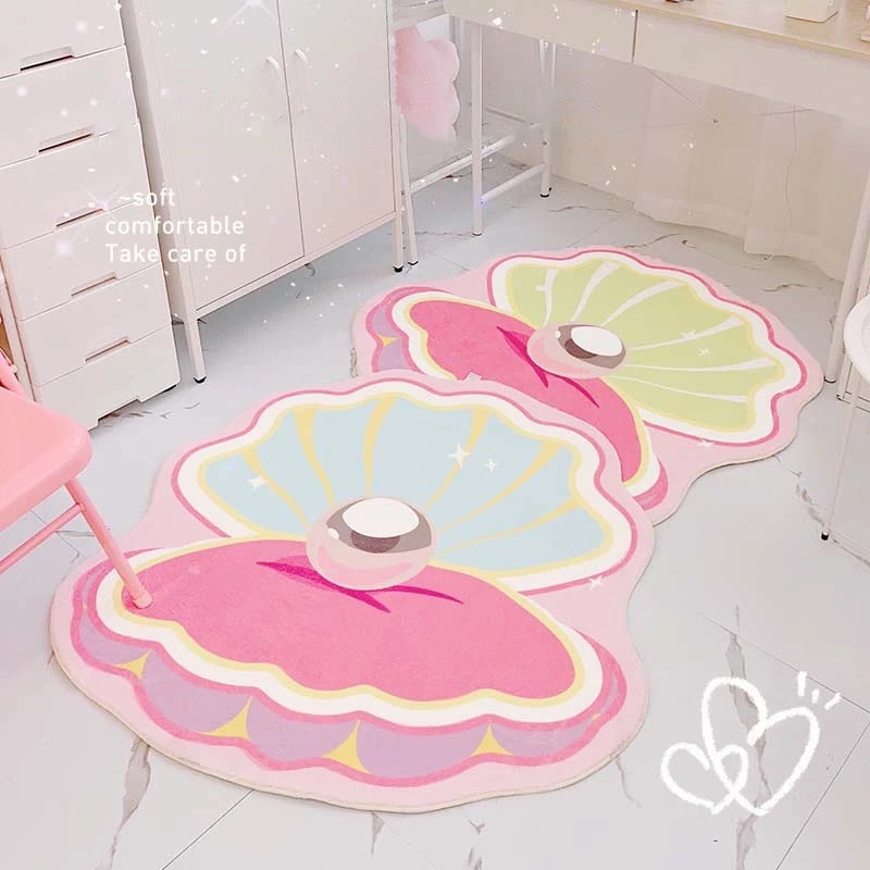 Pink And Green Shell Rug Soft Shell Rug – Mermaidcore Pink Carpet for Bedroom – The Feelz