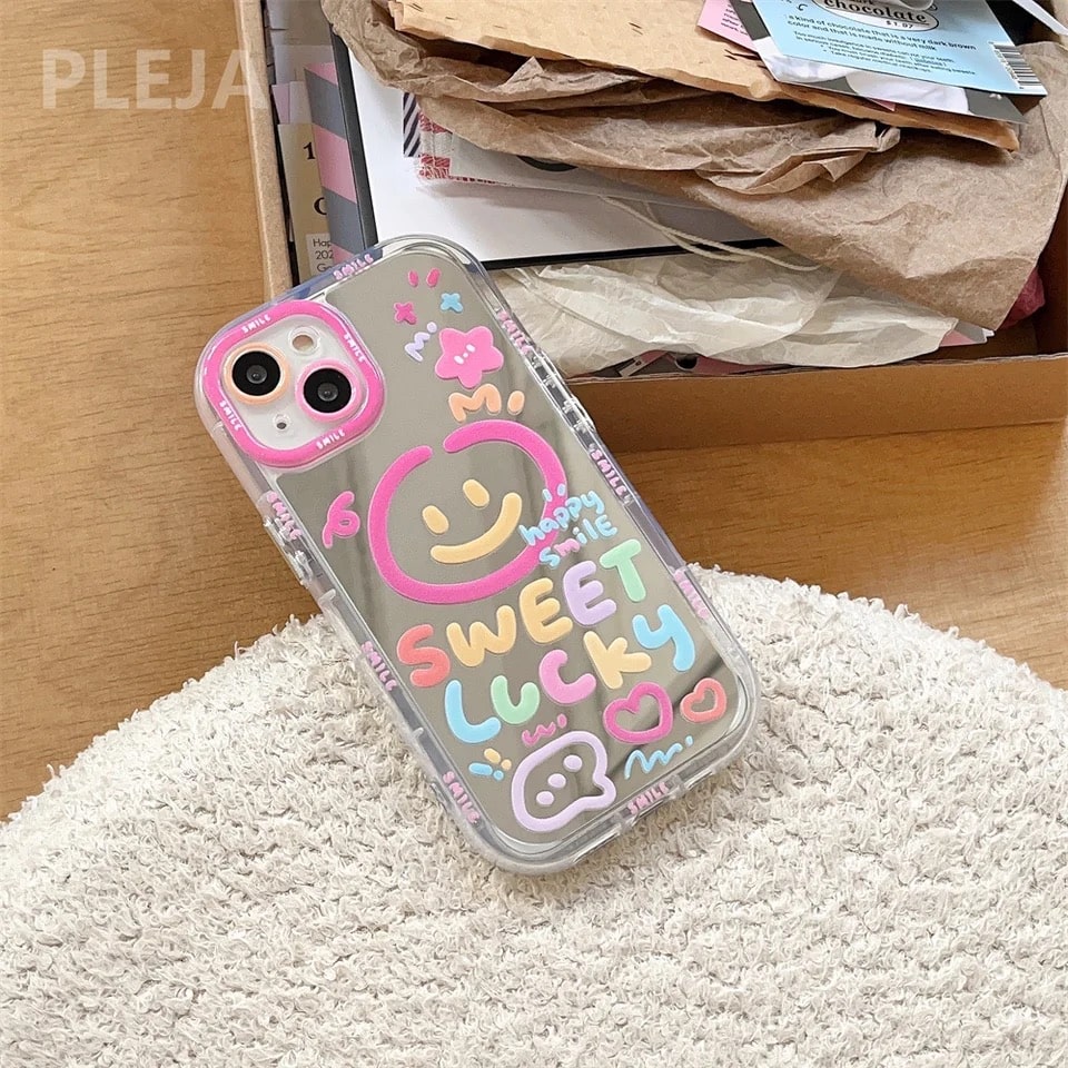 Sweet graffiti iPhone case with Lucky Girl pattern. Shockproof hard back cover and heart mirror for iPhone models.