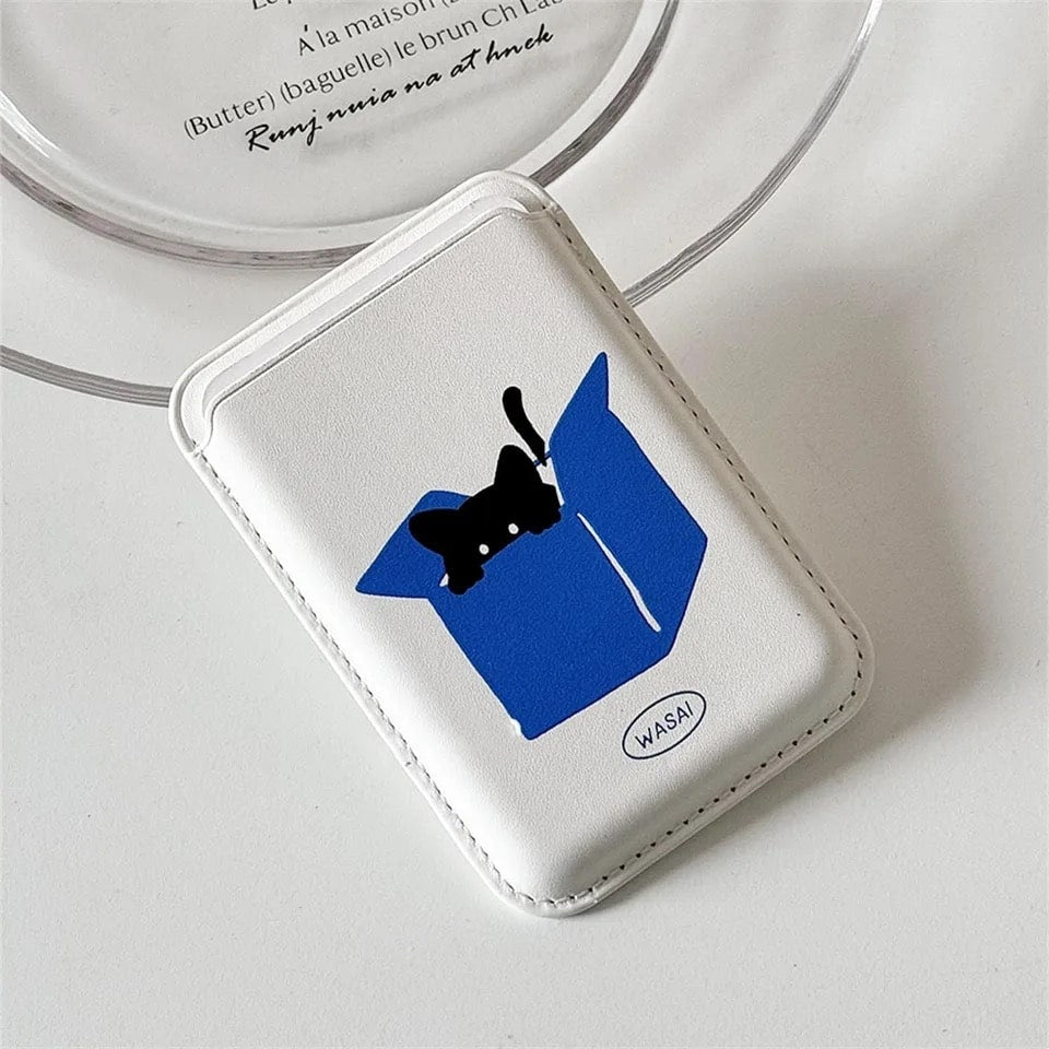 Adorable Y2K cat wallet case for iPhone models. Magnetic wireless charging and card holder functionality in a Korean-inspired design.