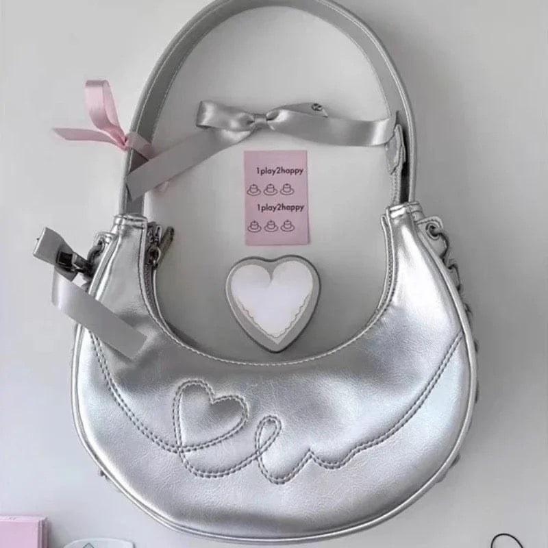 Y2K Korean silver handbag with soft girl aesthetic. Compact half-moon underarm bag perfect for coquette and balletcore fashion.