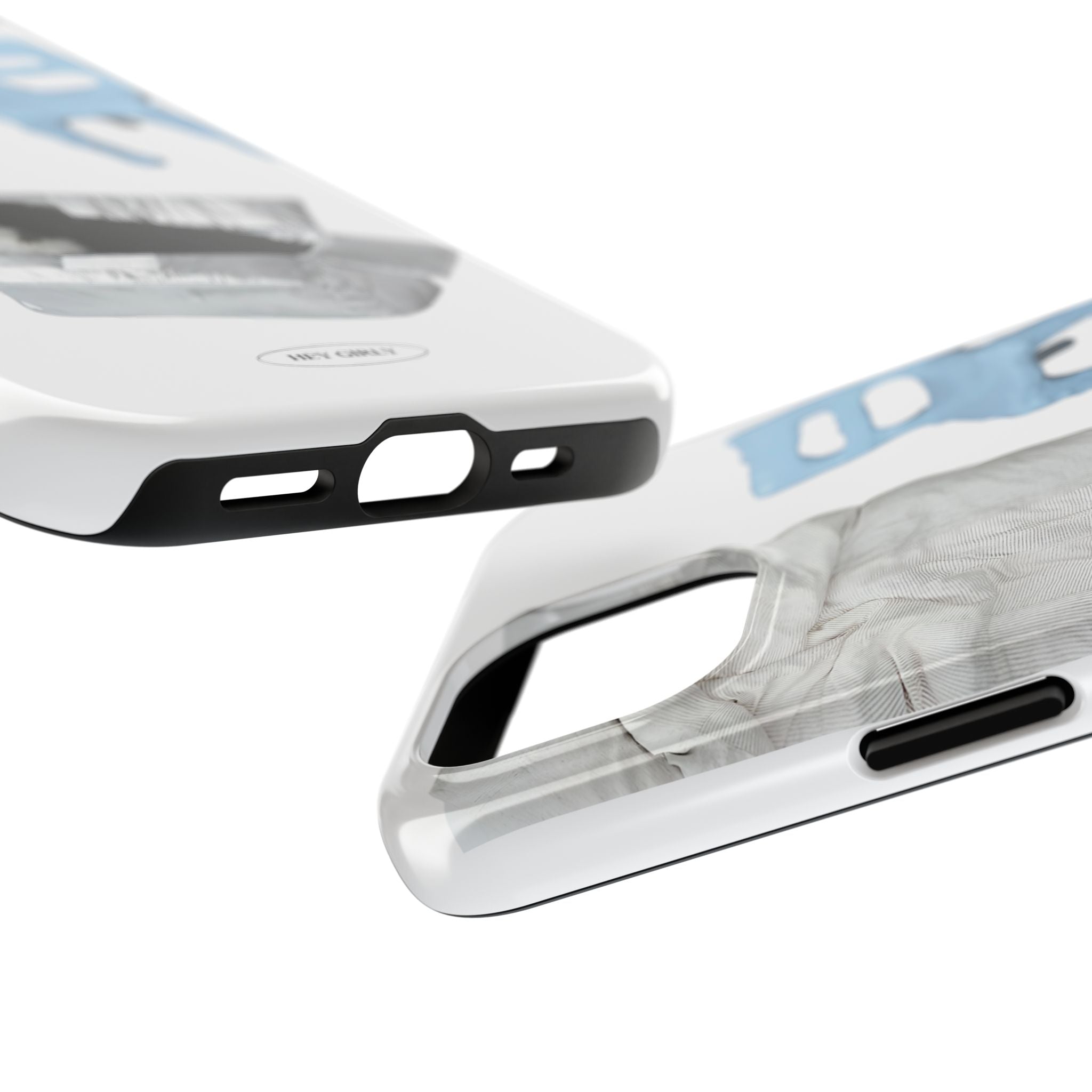 Two phone cases, one white and one with a blue design, on a white background.