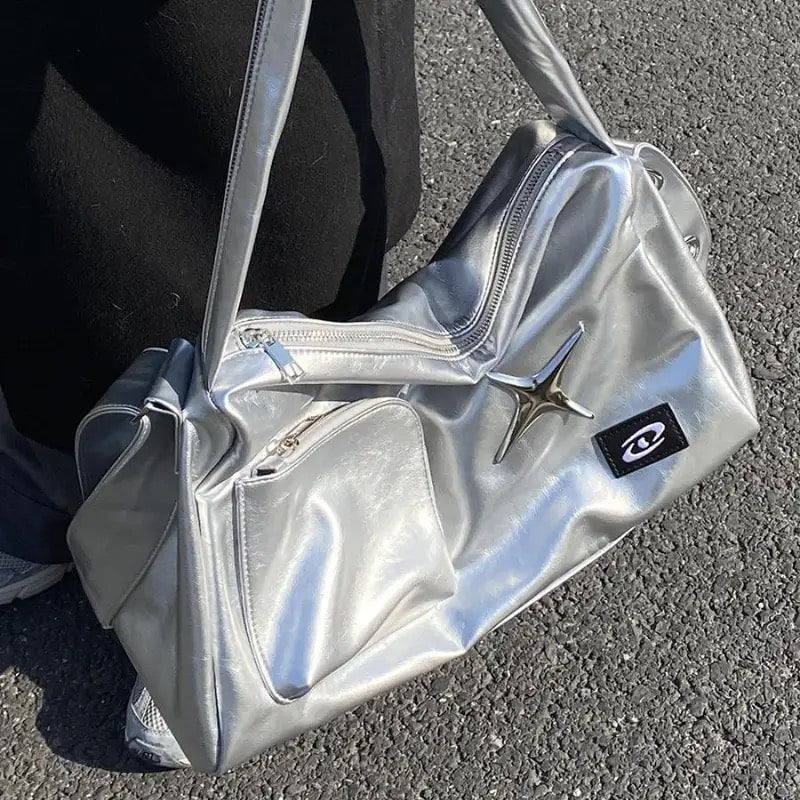 Silver Y2K crossbody tote bag with PU leather design