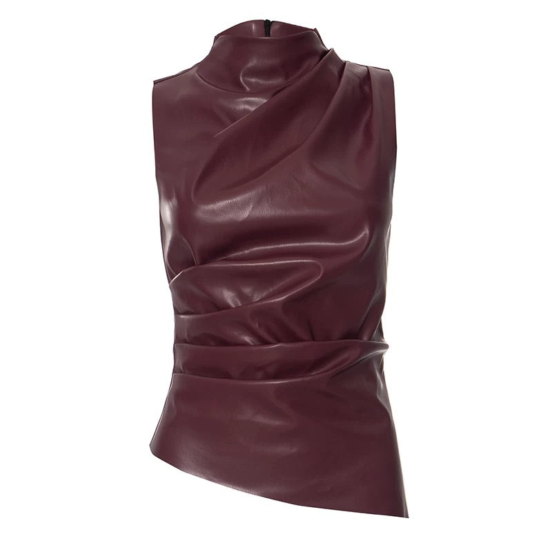 High-neck PU leather top in vintage burgundy for women