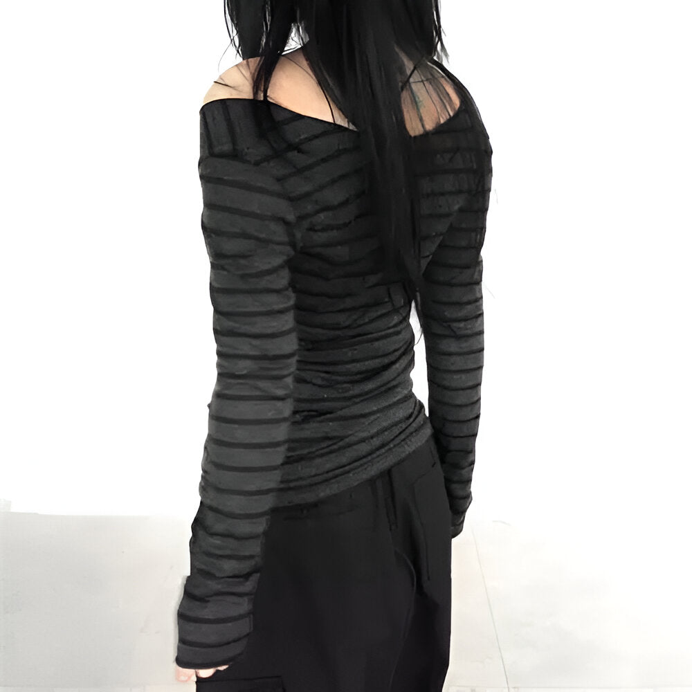 Y2K slim-fit off-shoulder black long sleeve striped shirt