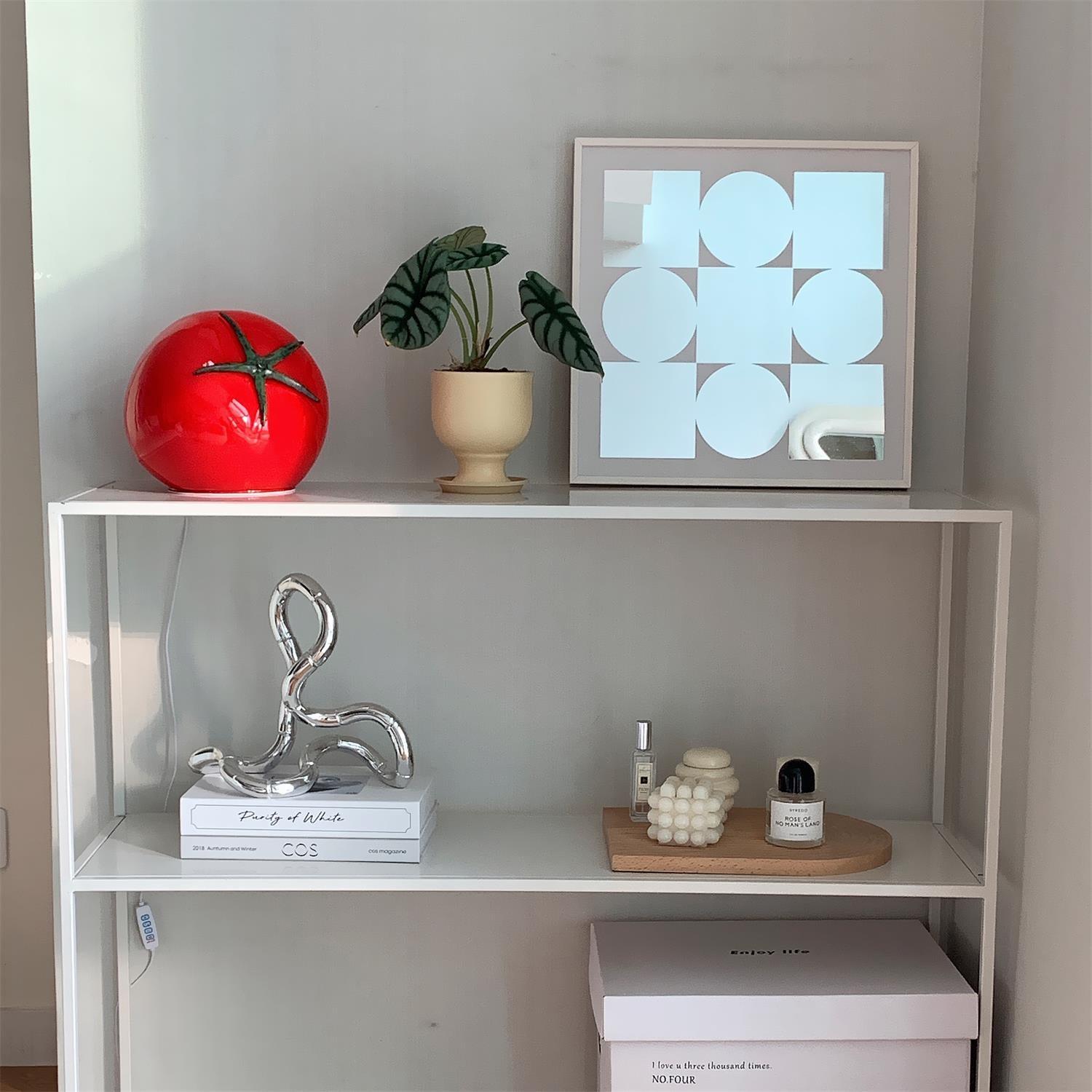 White shelf with decorative items including a red tomato-shaped object, plant, abstract art, and books.