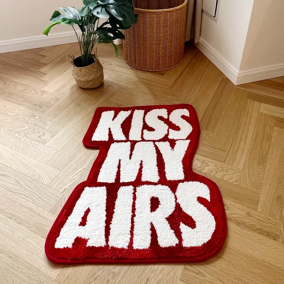 Red fluffy handmade tufted rug for sneakerheads