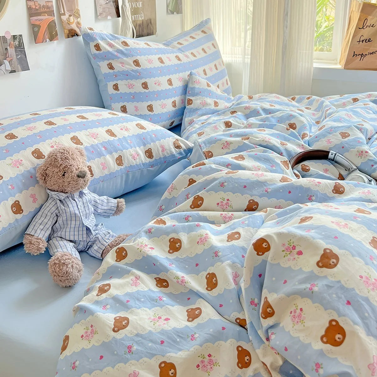 Soft and aesthetic bedding set featuring blue bear pattern and pastel tones for dorm rooms.