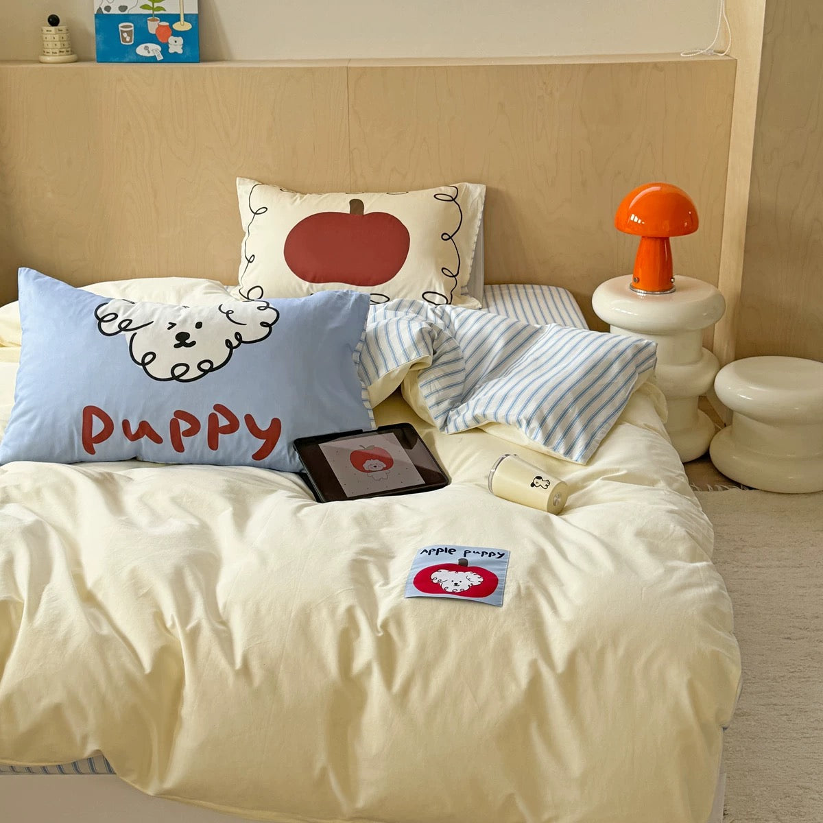 Full view of cute aesthetic bedding with soft washed cotton texture