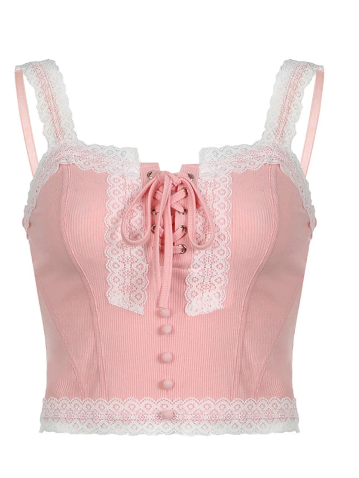 Stylish coquette lace tank top in aesthetic pink for Y2K and soft girl wardrobes