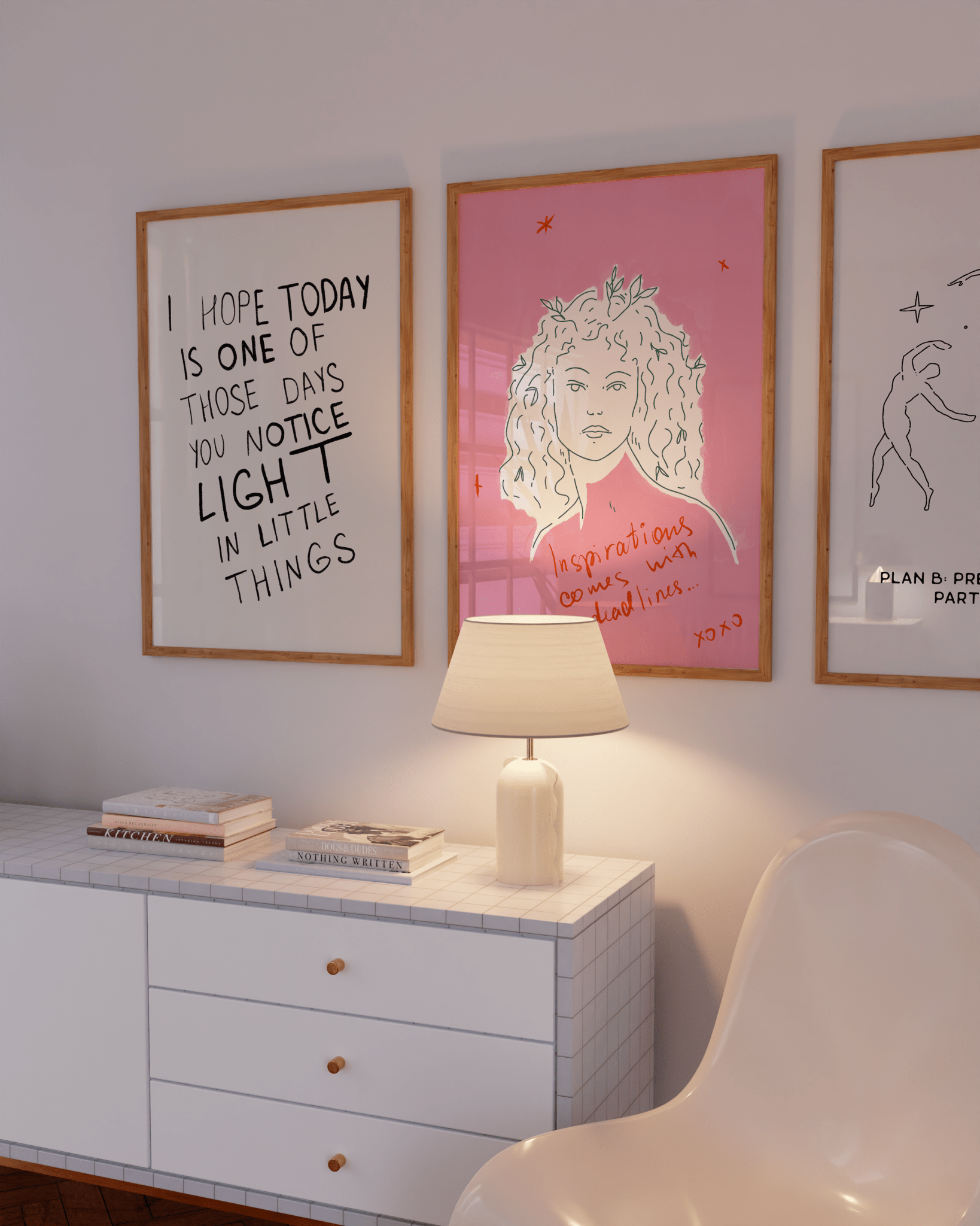 Pink wall art poster with quote “Inspirations comes with deadlines” in a coquette feminine style.