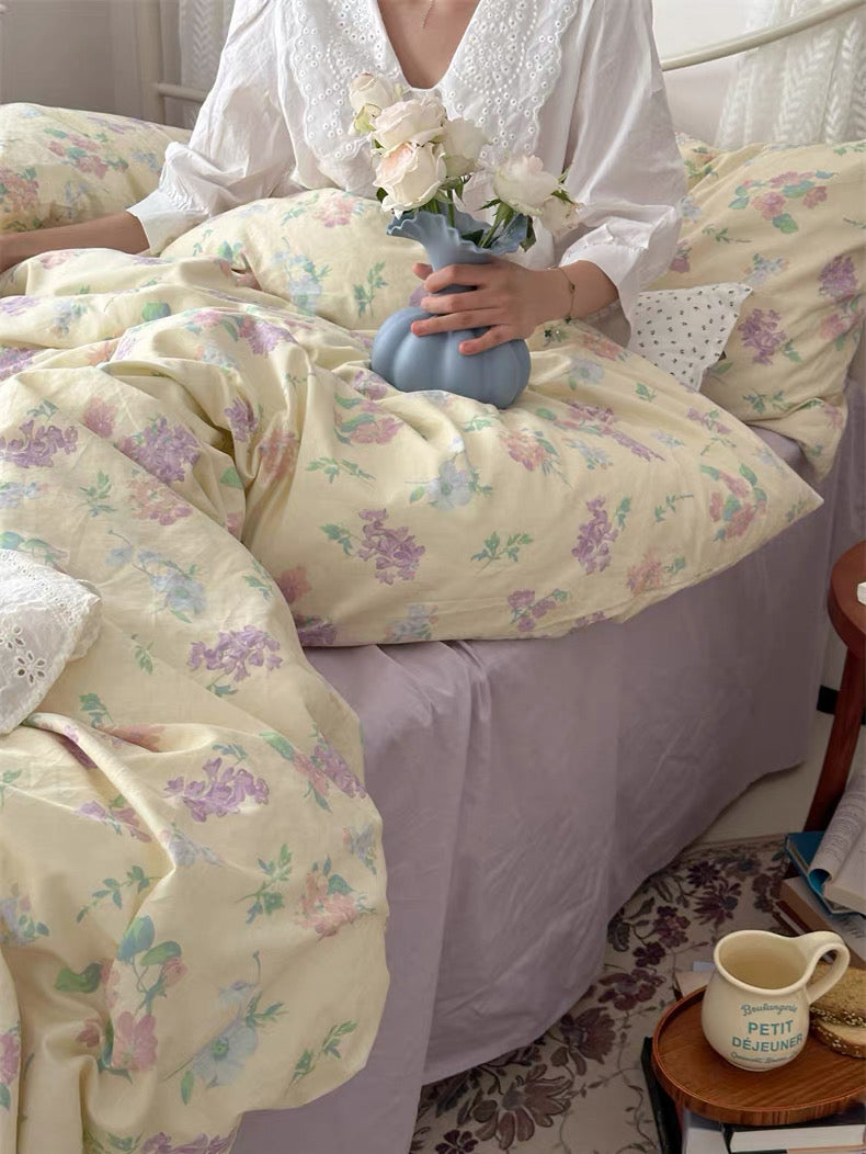 Butter yellow botanical duvet cover adding warmth softness and classic floral charm to relaxing home interiors beautifully