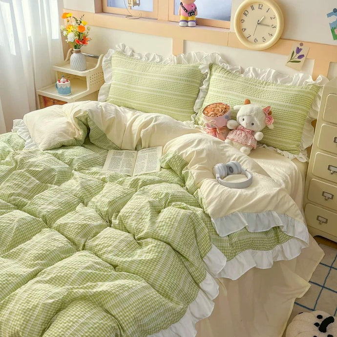 Green & Cream Ruffle Bedding Set – Soft Girl Room Decor Bedding Set ...