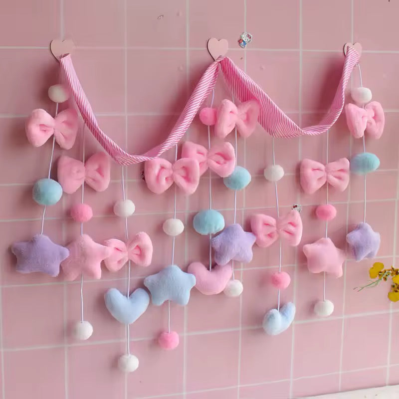 Soft girl pastel curtain with plush bows and hearts for bedroom decor.