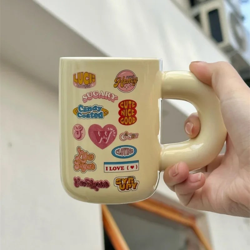 Stylish 300ml ceramic coffee mug with handle. Retro chubby design for Christmas, Halloween, or soft girl room decor.