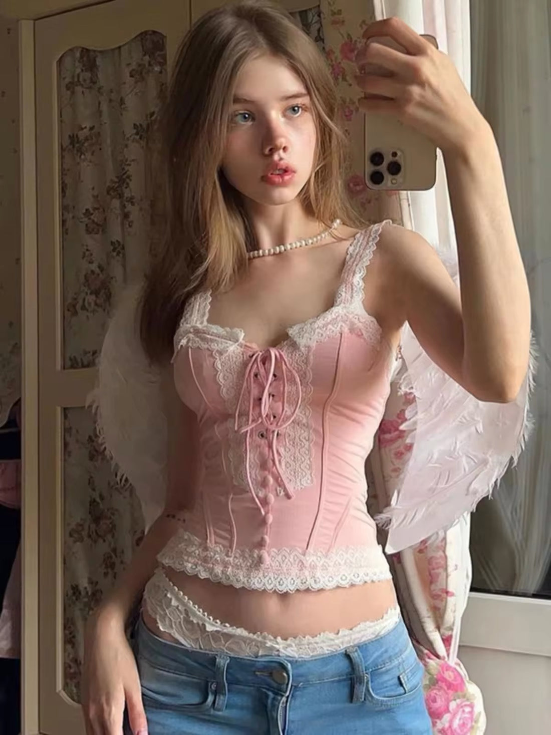 Soft girl aesthetic tank top with pink lace patchwork and corset-style detail