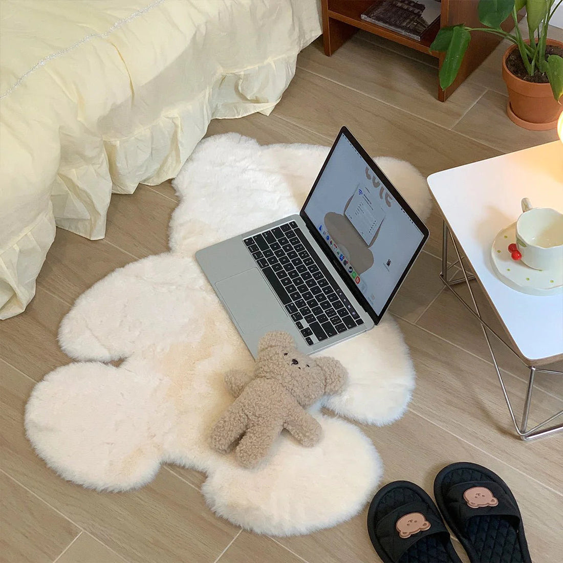 Fluffy bear rug in white and brown for nursery decor