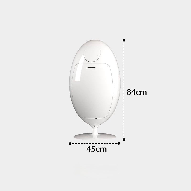 White egg-shaped object with dimensions labeled on a white background