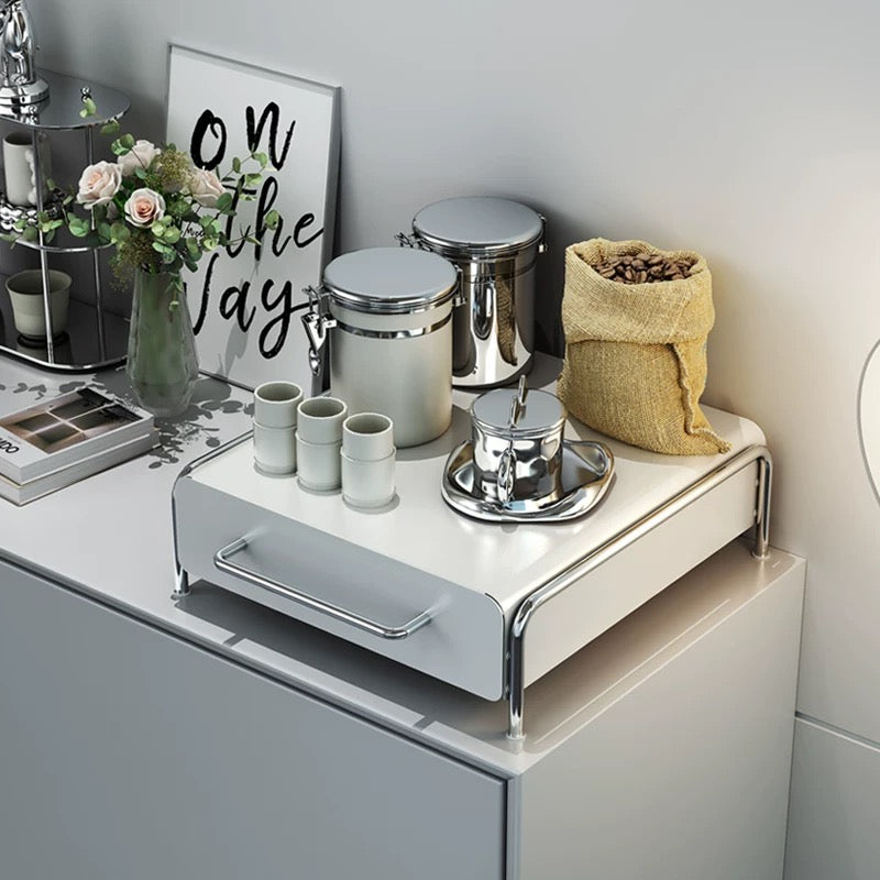 Sleek capsule drawer organizer turning a cluttered coffee counter into a modern, clean and Pinterest-style coffee bar setup.
