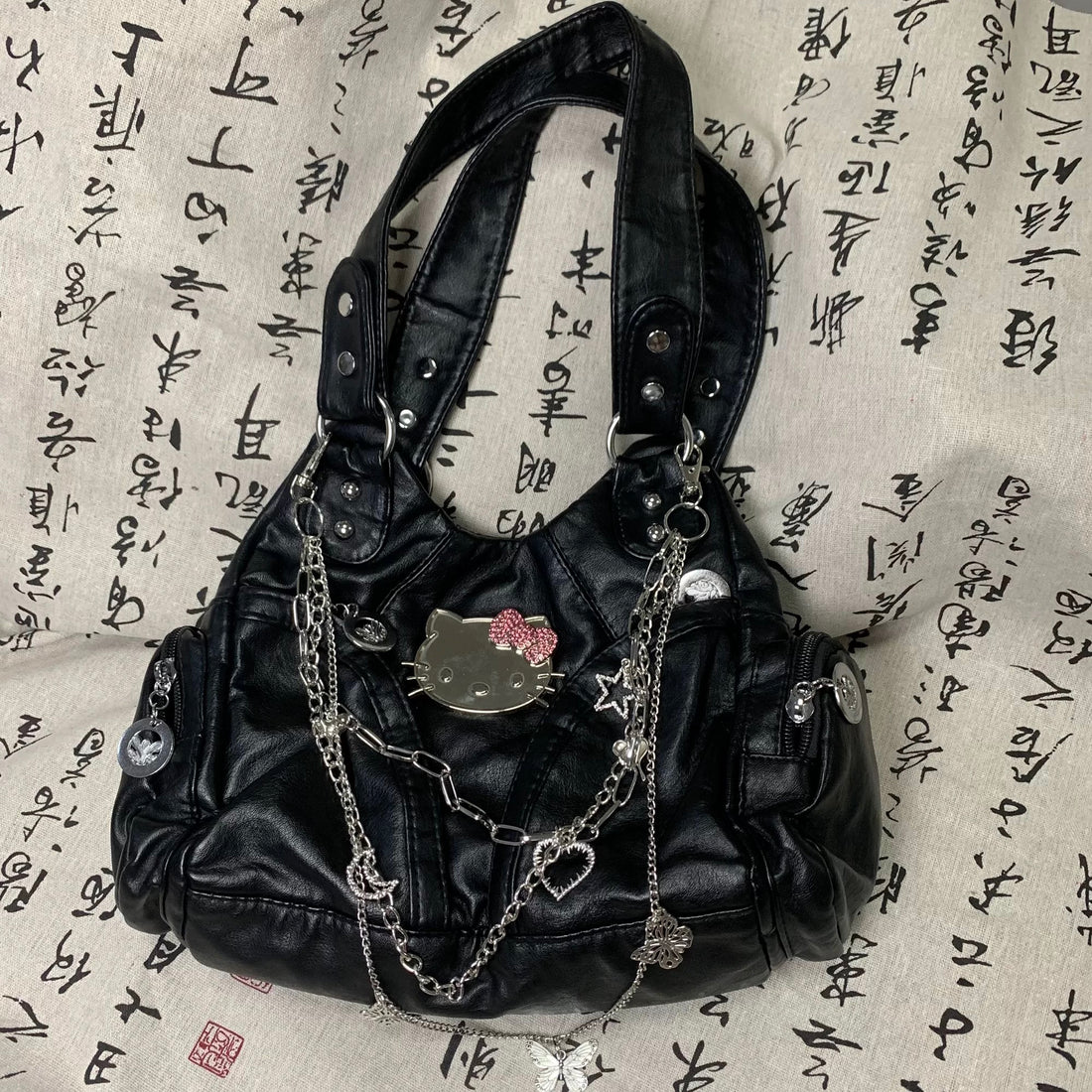 Gothic Hello Kitty motorcycle handbag in black PU leather