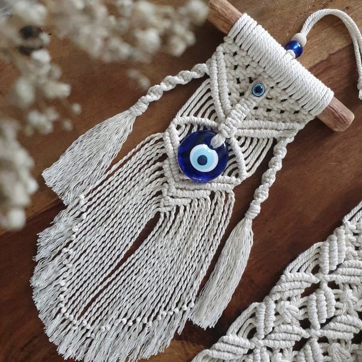 Unique macrame wall hanging with Turkish evil eye symbol