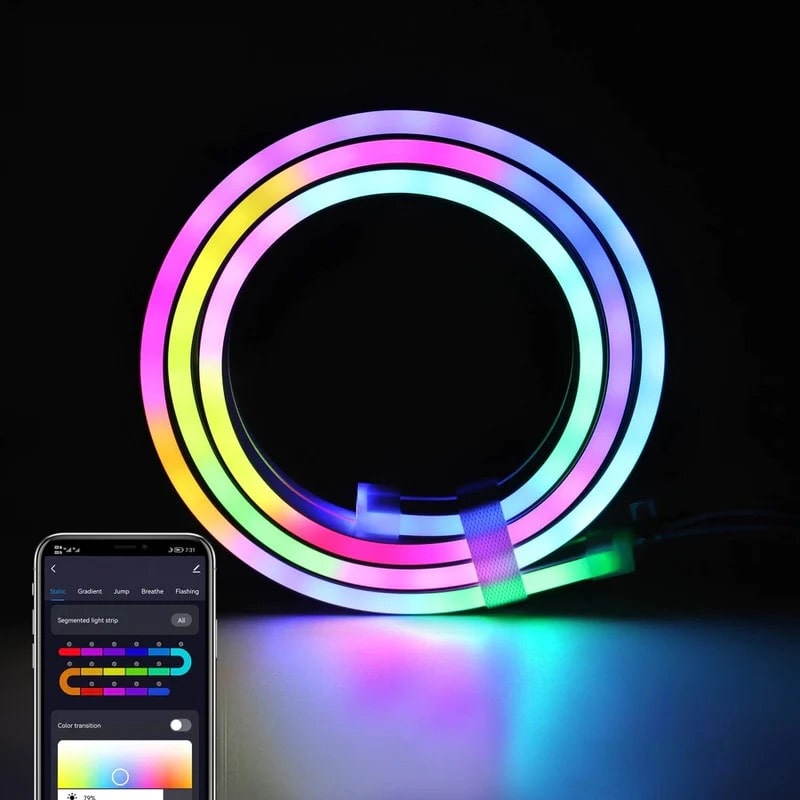 Colorful LED lights with squiggle neon rope design, enhancing your retro-inspired decor.