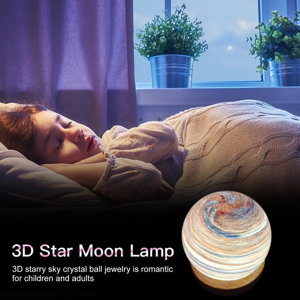 3D Planet Moon Lamp with starry night projection and wooden stand