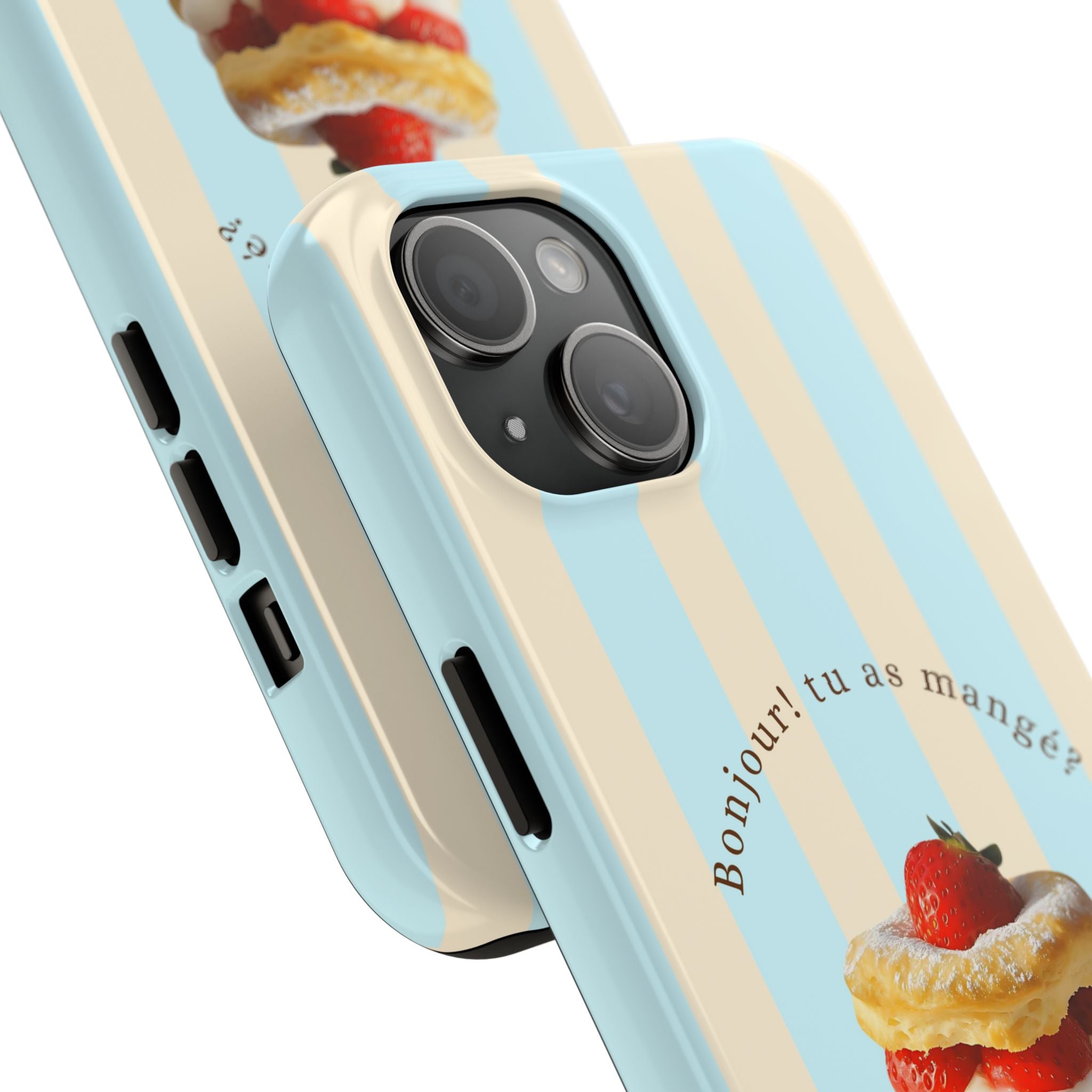 Phone case with dessert design and text on a light blue background