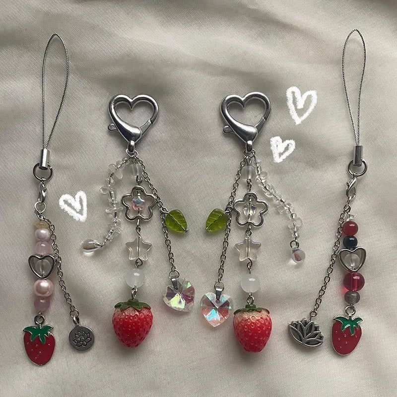 Strawberry keychain and phone charm with coquette design