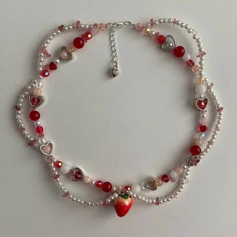 Strawberry necklace choker with pearls for cottagecore style