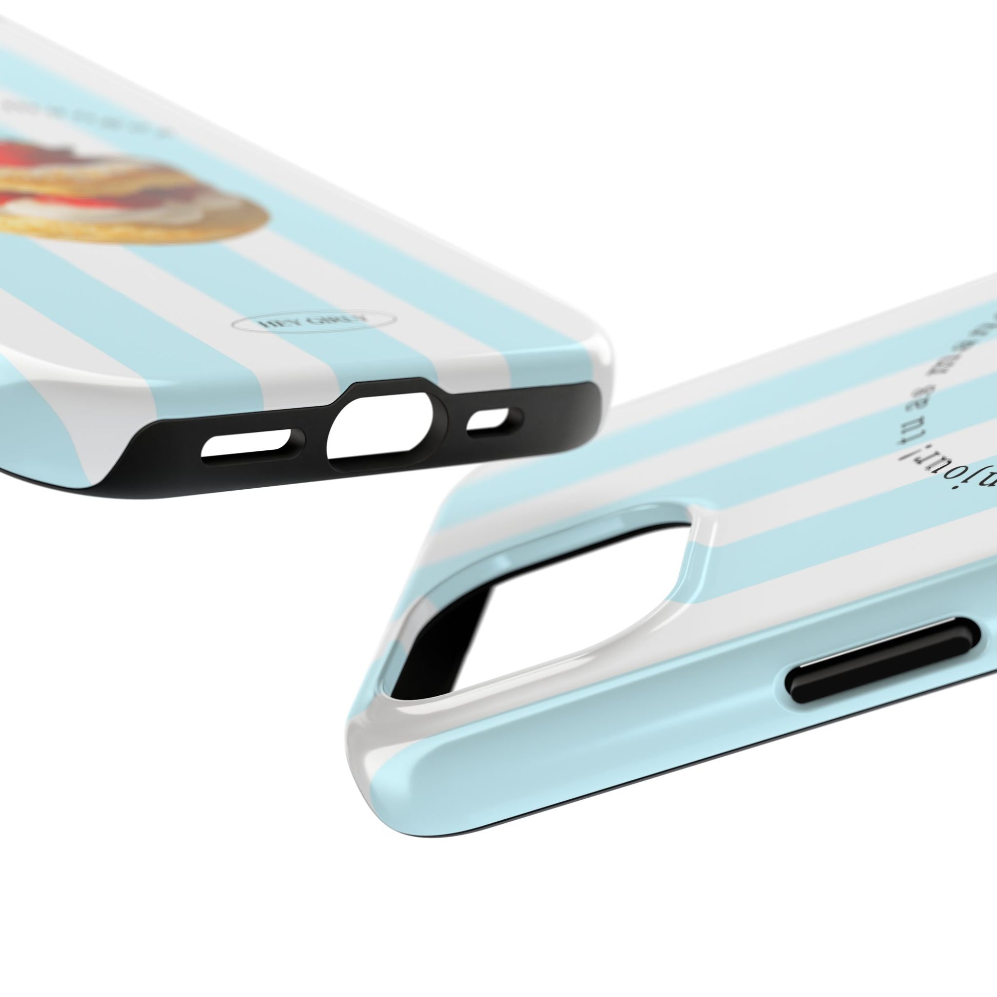 TheFeelz x HeyGirly tough iPhone case in pastel blue stripes.