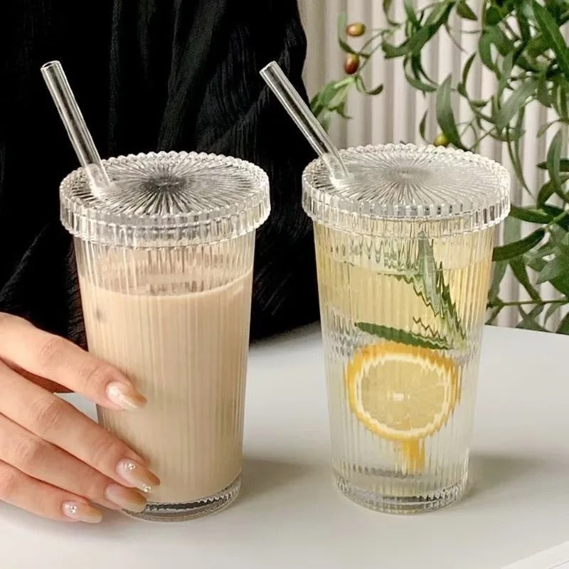 Nordic ribbed glass tumbler with lid, ideal for iced coffee