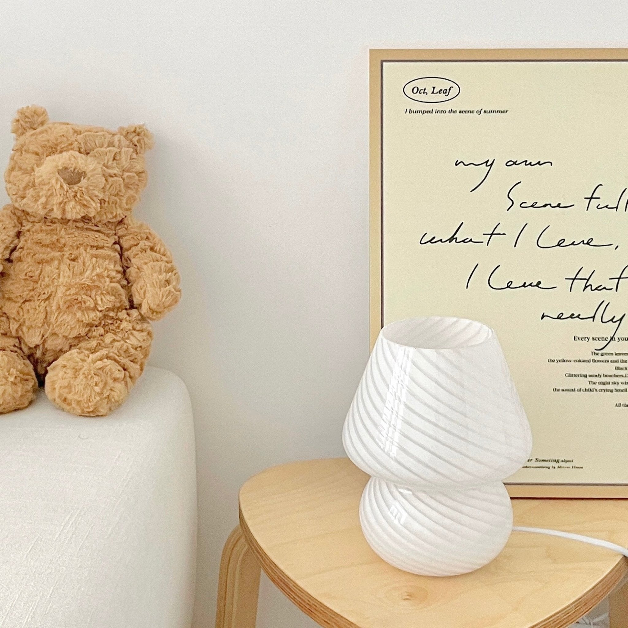 Striped mushroom desk lamp with USB plug, ideal for bedside and bedroom decor in soft girl or coquette-inspired spaces.