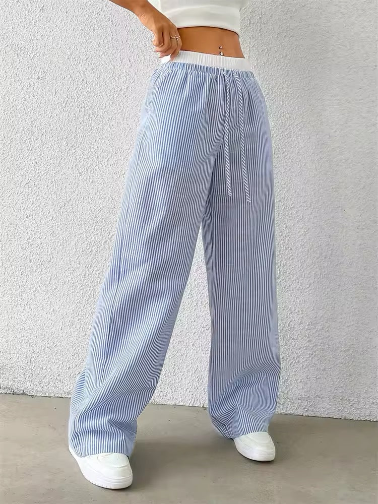 Comfy pink and blue striped trousers for lounging