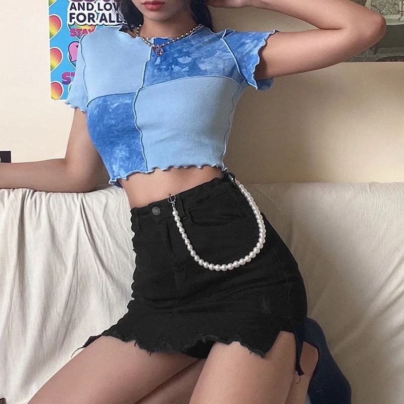 Blue tie dye crop top with ruffle hem and sequins