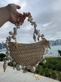 Custom boho straw beach bag with pearls